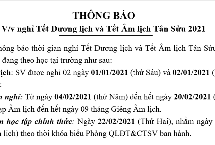 Thông báo nghỉ Tết Dương lịch và Tết Âm lịch Tân Sửu 2021